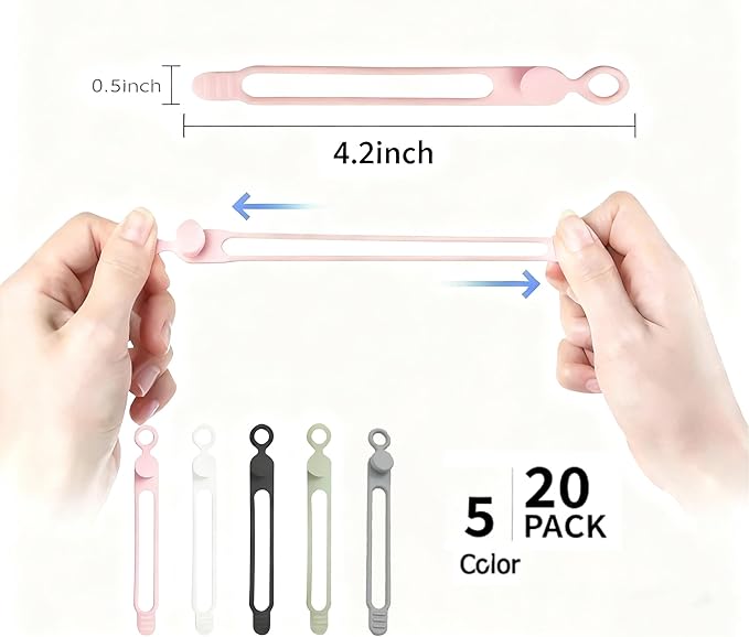 20PCS Silicone Cable Ties, 2025 New Upgrade Data Cable Organizer Ties, Reusable Cable Ties Wire Organizer for Bundling and Fastening Earphones, Phone Charger(5 Colors)