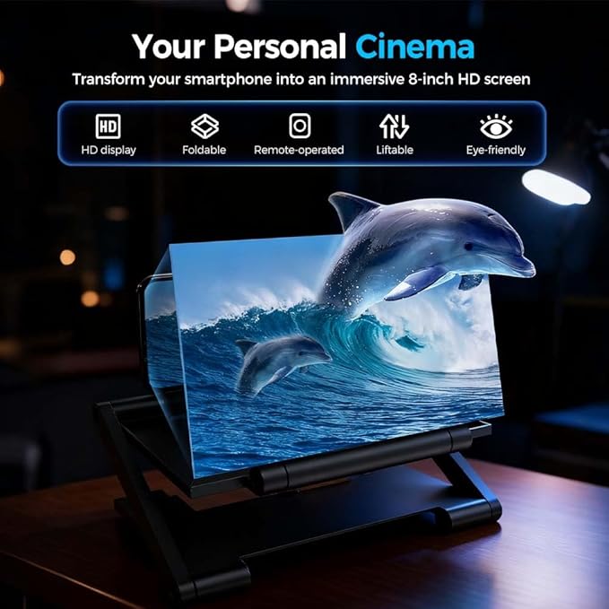 Mobile Phone Magnifier Screen, 3D HD Magnifying Projector Screen Enlarger, Foldable Phone Stand with Screen Amplifier for Movies Videos Gaming, Compatible with All Smartphones (White Liftable, 8inch)