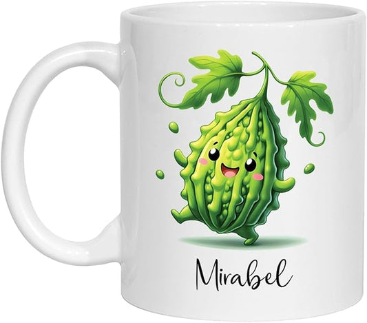Personalized Cute Bitter Gourd Vegetable Coffee Cup 11oz 15oz, Funny Bitter Gourd White Ceramic Mug Gifts For Men Women, Custom Name Bitter Gourd Lover Coffee Mug, Bitter Gourd Fans Travel Cups