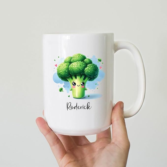 Personalized Cartoon Broccoli Coffee Mug With Kid Name, Awesome Broccoli Travel Cups For Healthy Vegetable Lovers, Custom Broccoli Lover Ceramic Mug 11oz 15oz, Vegan Teacup Gifts, Broccoli Fans Mugs