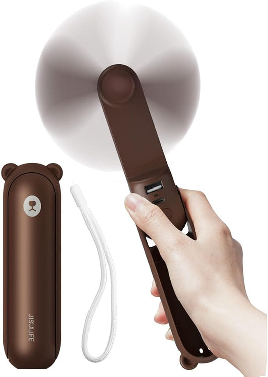 JISULIFE Handheld Fan with 4500 mAh Powerbank Max 37 Hours Runtime, Pocket Portable Battery Operated or USB Powered Folding Personal Fan, 3 Speeds, Gifts for Women Men Kids Gift for Festival-Brown