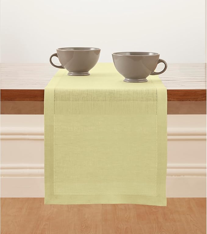 Solino Home Linen Table Runner 48 Inches - 100% Pure Linen Butter Yellow Hemstitch Table Runner 14 x 48 Inch Ideal for Dresser and Coffee Tables, Spring, Easter - Milan
