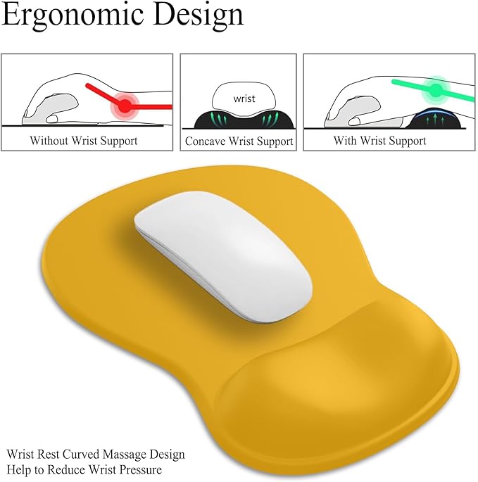 Gel Mouse Pad with Wrist Rest, Ergonomic Concave Wrist Support Mousepad with Non-Slip PU Base & Smooth Surface Comfortable Desk Accessories Mat for Office, Home Gaming and Study (07 Yellow)