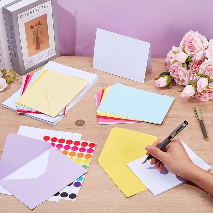 OLYCRAFT 35 Sets Colorful Envelopes and Blank Cards 7.3x5.3 Inch Envelopes with White Blank Note Cards DIY Greeting Card Kit with Sticker Pocket Envelope for Wedding Party Thanksgiving Art Projects
