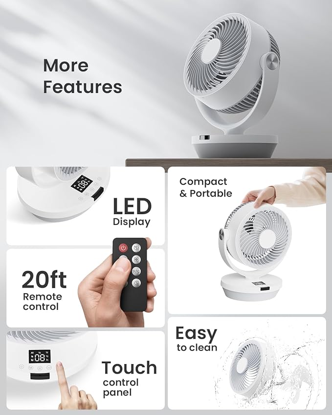 Air Circulator Fan for Bedroom, 13" Table Fan with Remote, 90° Oscillating & 120° Tilt, 60ft Strong Airflow, Quiet 25dB Electric Fan with 4 Speeds, 4 Modes & 12H Timer