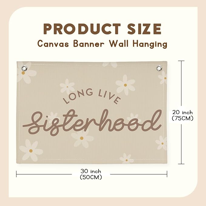 Cute Daisy Girls Room Decor, Long Live Sisterhood Linen Hanging Banner Flag,Boho Flower Banner for Nursery Playroom Wall Decor for Kids Bedroom Dorm Toddler Decorations 30x20,girlroom