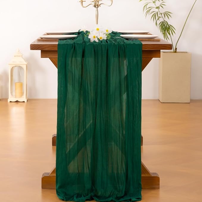 Socomi 10pcs Emerald Green Cheesecloth Table Runner Valentine's Day Boho Rustic Gauze 120 inch 10FT Cheese Cloth Runner for Wedding Party Baby Shower Birthday Home Decor Holiday Decorations