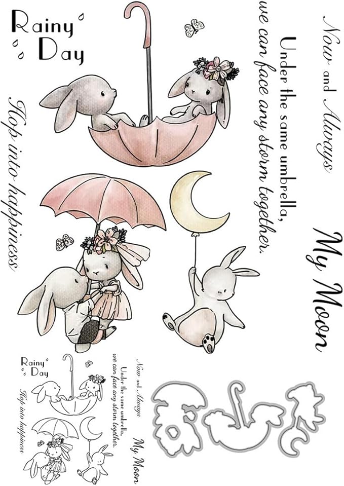 Couple Rabbit Umbrella Stamps and Cutting Dies for Card Making DIY Transparent Silicone Clear Stamp and Metal Die Cuts Sets for Scrapbooking Paper Greeting Cards Decor Seals Craft Supplies