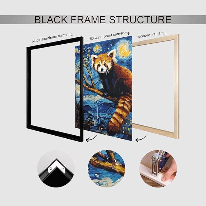 Red Panda Canvas Wall Art, Creative Starry Night Oil Painting Reproduction, Funny Panda Picture Classic Blue Aesthetic Poster, Famous Artist Artwork Print Animal Lover Gift 24x36in Unframed