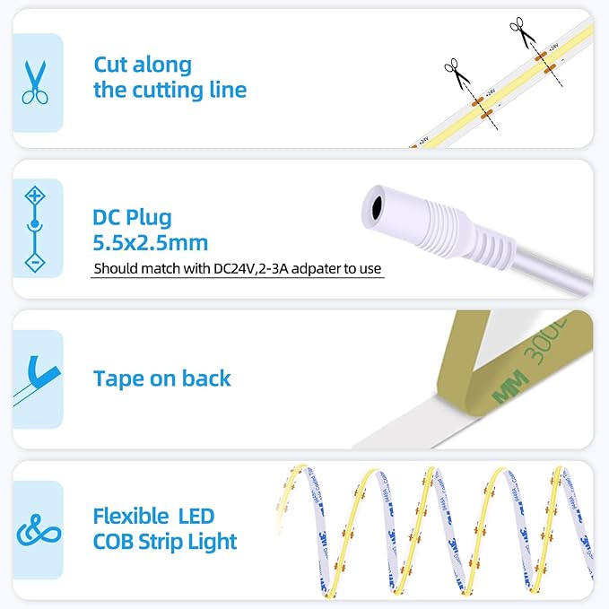 LED Strip Lights 24V COB LED Daylight White 6000K Super Bright LED16.4ft Dotless High Density Cuttable Flexible for Home DIY White Commercial Lighting Projects (Power Supply & Dimmer Not Included)