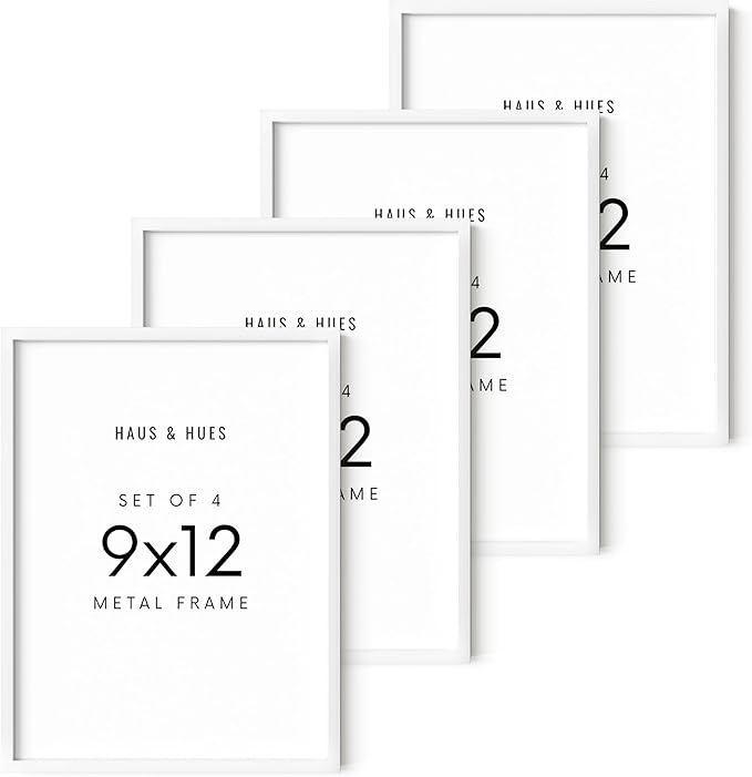 HAUS AND HUES 9x12 White Aluminum Frame Set of 4 - Premium Build, Vertical & Horizontal Hanging, Shatterproof Plexiglass (9x12 in, White)