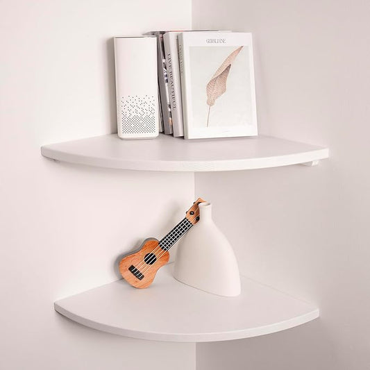 Floating Corner Shelves White 16", Solid Oak Wall Mounted Wooden Display Storage Rack with Wire Hole for Plants, Photos, Speakers, Bedroom, Kitchen, Living Room Décor - 2-Pack