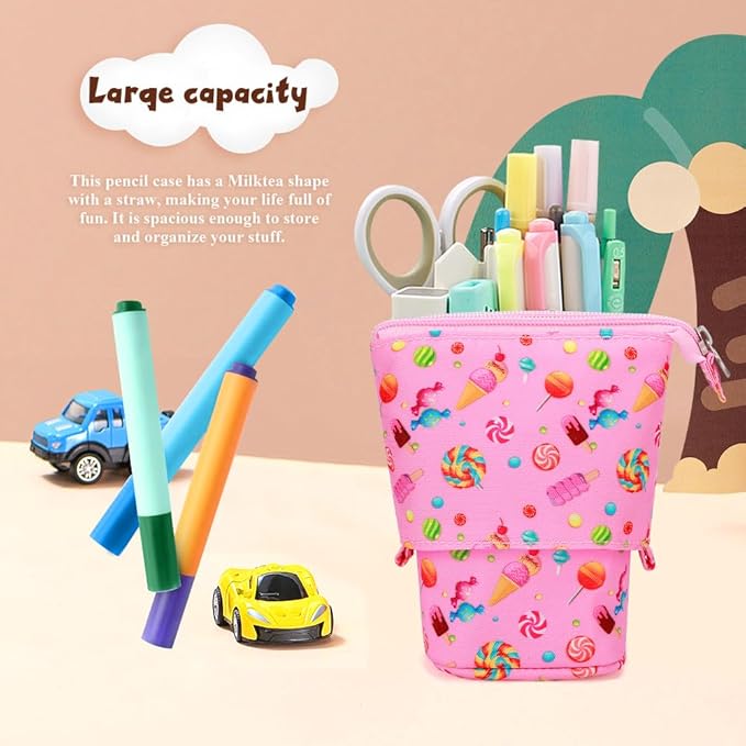 KPX Cute Standing Pencil Case Pen Holder for Kids, Pop Up Stand UP Bubble Tea Pen Organizer Kawaii Stationary for Christmas Holiday New Year Office (Candy)