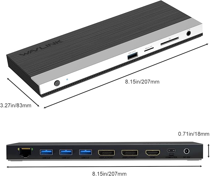 WAVLINK USB C Docking Station,13-in-1 Triple Display Type C Hub Adapter with HDMI,2 DisplayPort,Ethernet,4 USB 3.0,USB-C,SD/TF Card Reader,Phone Jack,DC Jack, PD 100W for Mac Windows and More