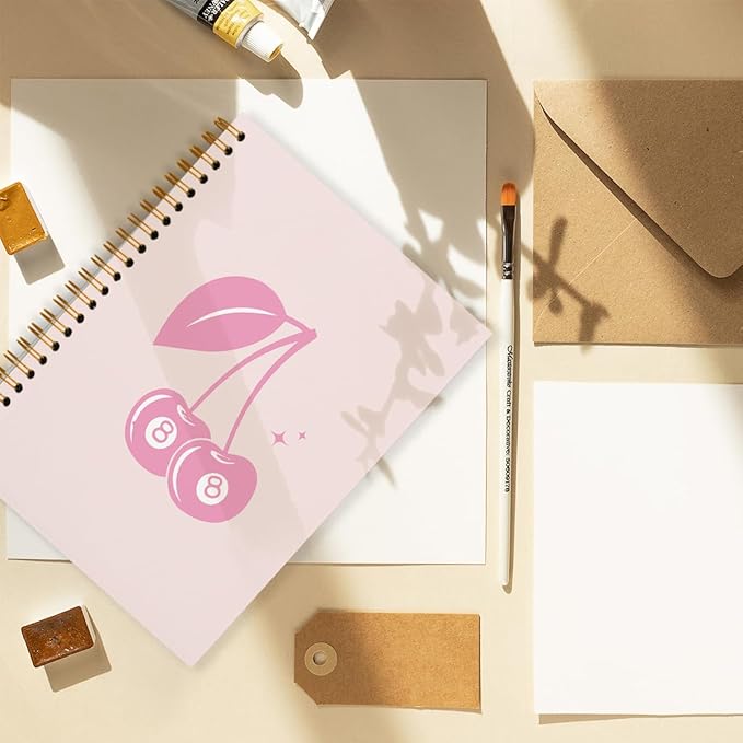 Pink Notebook Journal, Funky Retro Y2K Preppy Pink Lucky 8 Ball Cherry Notebook, Pink Office Supplies, Pink Aesthetic Notebooks, Pink Desk Accessories, Pink Hardcover Spiral Notebook 5.5x8.3