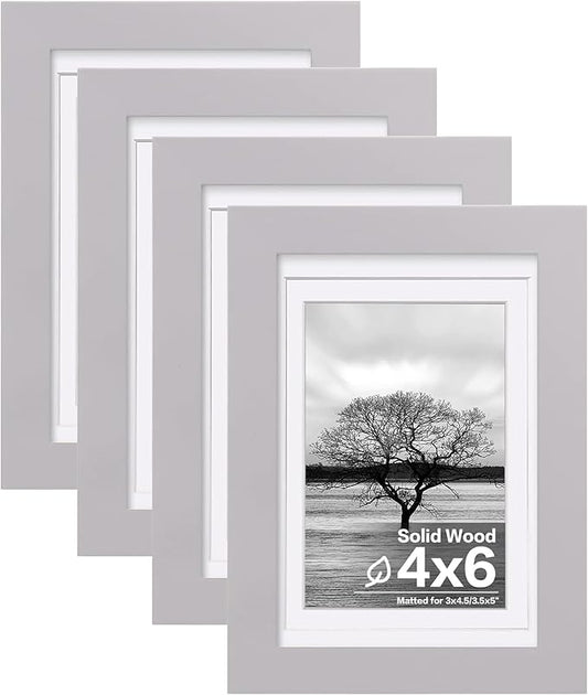 Egofine 4x6 Picture Frames Set of 4, Made of Solid Wood Covered by Plexiglass 3x4.5 and 3.5x5 with Mat or 4x6 without Mat, for Table Top Display and Wall Mounting Photo Frame, Light Grey