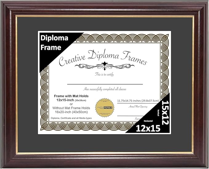 Creative Picture Frames 12x15 Mahogany Gold Rim Diploma Frame with Black Mat Glass and Installed Wall Hangers | Frame Holds 16x20 Media without Mat