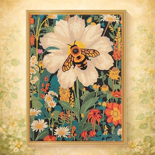 DIAMONDOUBLE Premium Diamond Art Kit for Adults on Velvet Canvas, 12x16 5D Full Drill Small Diamond Painting Kit for Beginners, Bee & Flower Hand-Drawn Design with Mixed Acrylic Round & Mini Diamonds by Diamondouble