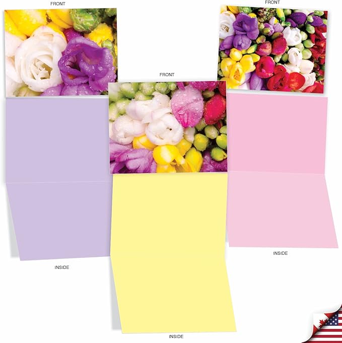 The Best Card Company - 10 Blank Note Cards with Flowers (4 x 5.12 Inch) - Floral Notecards, All Occasion Boxed Assortment - Fanciful Freesias M3040