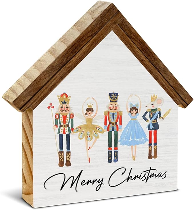 Nutcracker Christmas Decor, Merry Christmas House Shaped Wooden Sign, Nutcracker Decorations for Home Office Desk Table Shelf