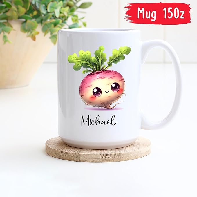 Custom Choose Name Turnip Mug, Turnip Vegetable Coffee Mug Gifts For Kids Child, Vegetable Lover Cup, Personalized Turnip White Ceramic Mug 11oz 15oz, Vegetable Mugs For Turnip Lovers, Vegan Tea Cup