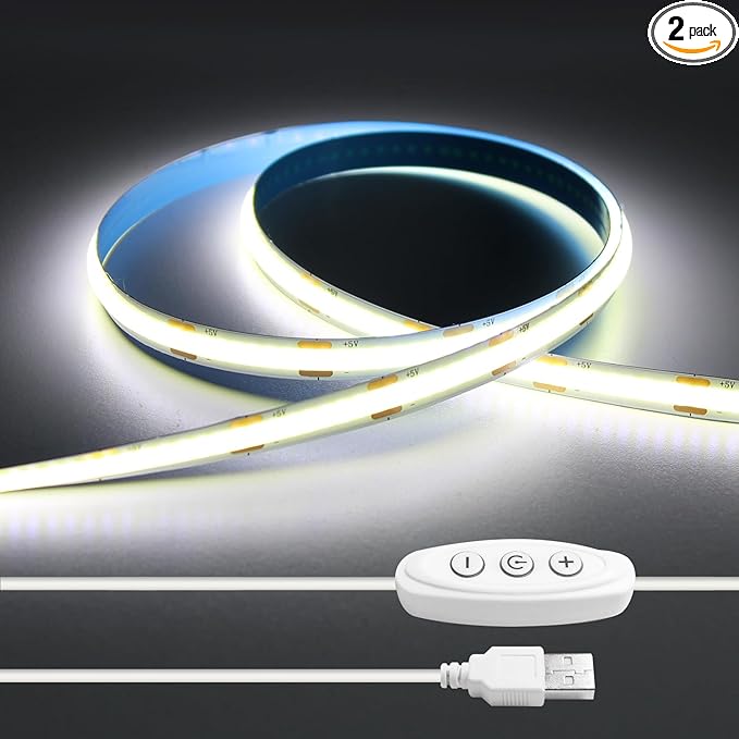 iNextStation 6.6ft 2M 5V USB COB LED Strip Light, 640LEDs 6000K Cold White USB LED Strips Dimmable CRI 93+ Flexible LED Tape Lights for TV Backlight, Under Cabinet, Mirror, Wardrobe, Home Decor