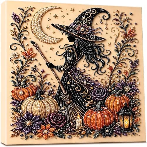 LAPUOTSP Halloween Ghost Pearl Art DIY Kit，Vintage Bead Embroidery Style Witch & Black Cat Ghost Pumpkin Rhinestone Canvas Art, DIY Gem Art Wall Hanging Decor, Unique Holiday Handcraft Gift by Unknown