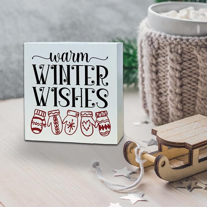 Christmas Wooden Desk Decor Sign, Warm Winter Wishes Wooden Box Sign, Winter Tabletop Home Plaque with Mittens Design, Holiday Farmhouse Decoration for Living Room Bedroom Office 5x5 Inches