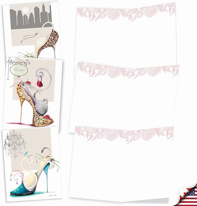 The Best Card Company - 10 Blank Note Cards for Women (4 x 5.12 Inch) - Assorted Fashion Greeting Cards for All Occasions - Catitude Shoes M3324
