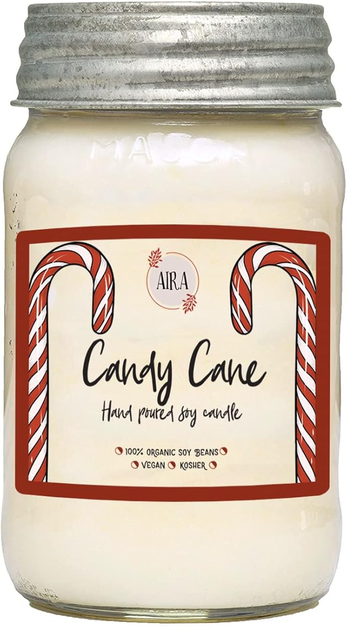 Aira Soy Christmas Candles - Organic, Kosher, Vegan, in Mason Jar w/Essential Oil Blends - Hand-Poured 100% Soy Candle Wax - Paraffin Free, Burns 110+ Hours - Peppermint Candy Cane - 16 Ounces