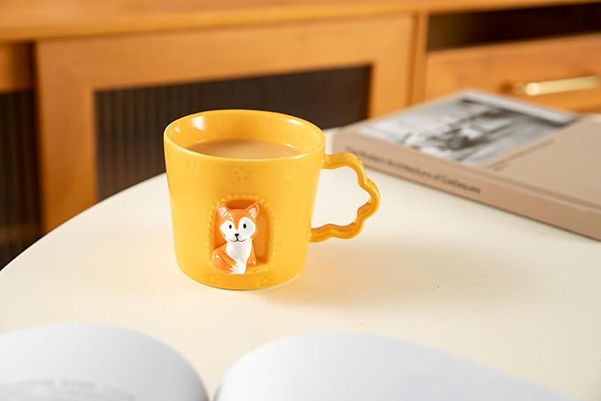 DIHOclub Fox Ceramic Cup Window Animals Mug Cute Cartoon Handmade Figurine Mugs,Holiday and Birthday Gift for Daughter,Son,Kids,9 OZ (Orange)