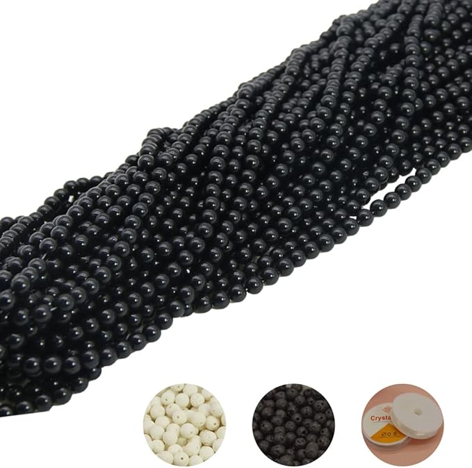 Pamir Tong 600PCS Black Glass Round Beads Bulk， Imitative Jade Beads, Lava Beads, Bracelet Loose Beads for Jewelry Making Earring, Necklaces, and DIY Crafts (8mm Black)