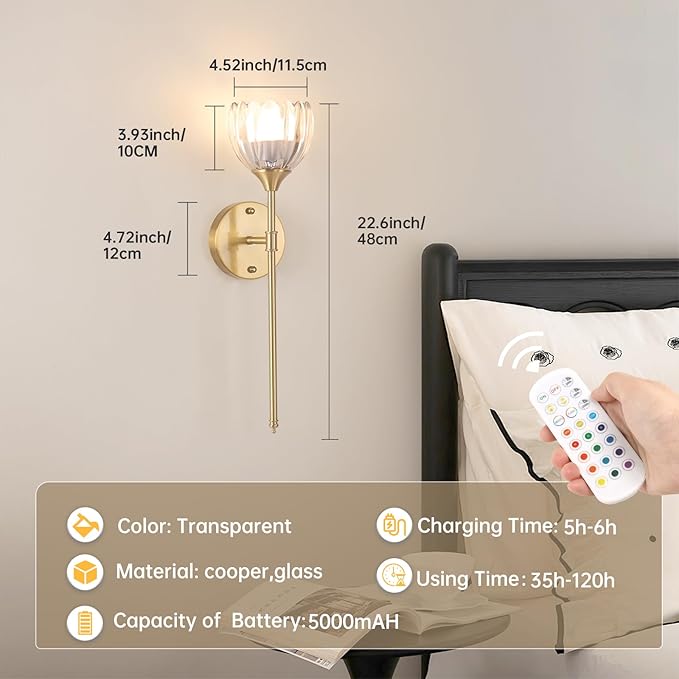 Battery Operated Wall Sconce Set of 2, Clear Tulip Vintage Wall Light Fixture Rechargeable 5000mAh Battery Powered Wall Lamp with Remote for Living Room Bathroom