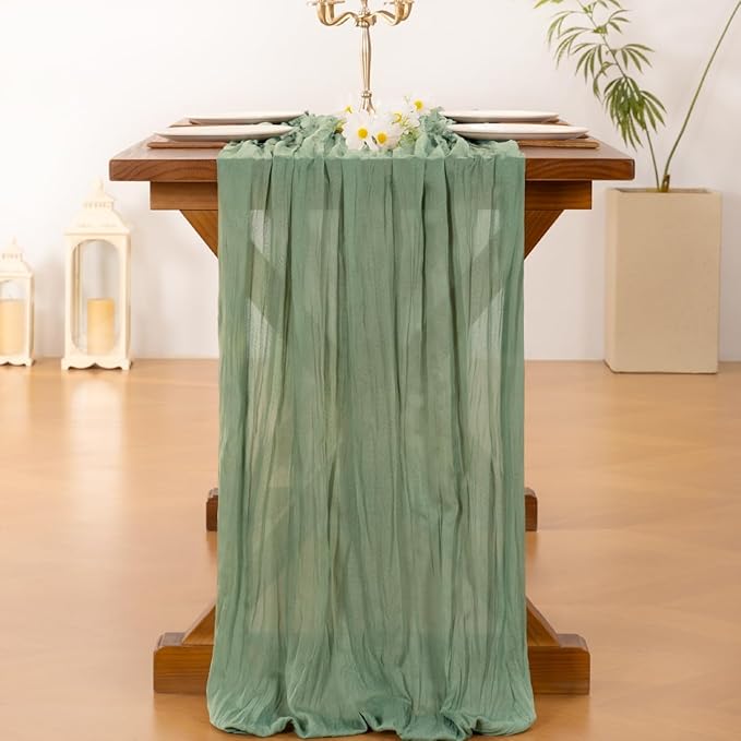 Socomi Sage Green Cheesecloth Table Runner Valentine's Day Boho Rustic Farmhouse Gauze 120 inch 10FT Cheese Cloth Runner for Wedding Party Baby Shower Birthday Home Decor Holiday Decorations
