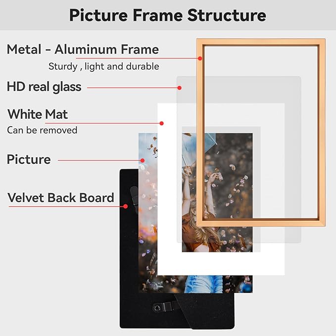 8.5x11 Picture Frame Set of 3, Gold Metal Photo Frames with HD Glass, Fits 5x7 with Mat or 8.5x11 without Mat, Wall Hanging and Table Display