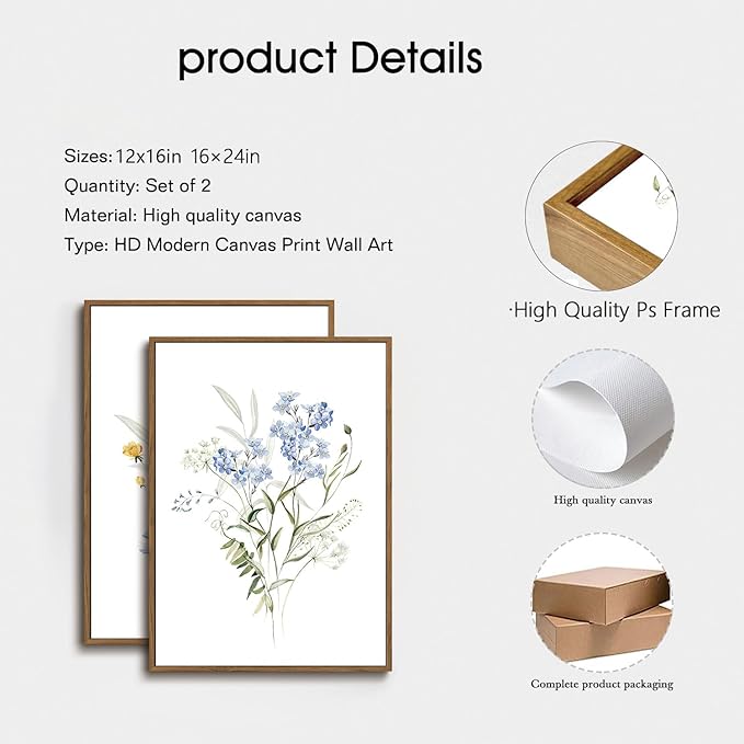 YOYIAXT 2 Pieces Watercolor Botanical Canvas Wall Art For Bedroom Blue Floral Framed Wall Art Minimalist Neutral Flower Art Prints Artwork For Living Room Office, 16x24 in