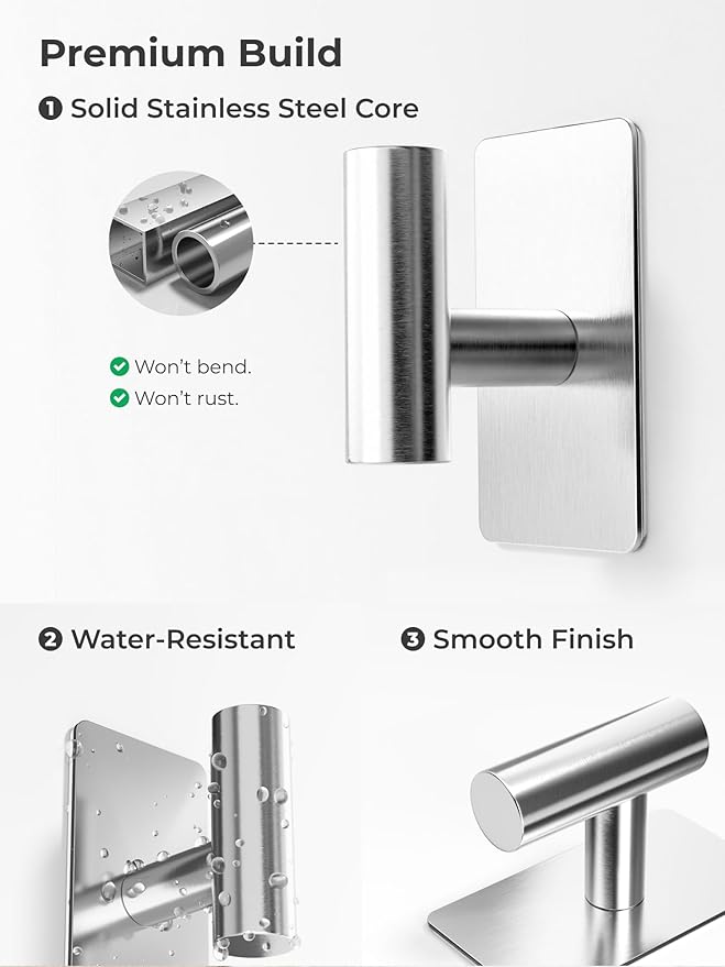 Towel Hooks for Bathrooms – 4 Pack, Brushed Silver Finish, T-Shaped Stainless Steel Adhesive Wall Hooks for Robes & Towels in Kitchen, Shower, or Closet
