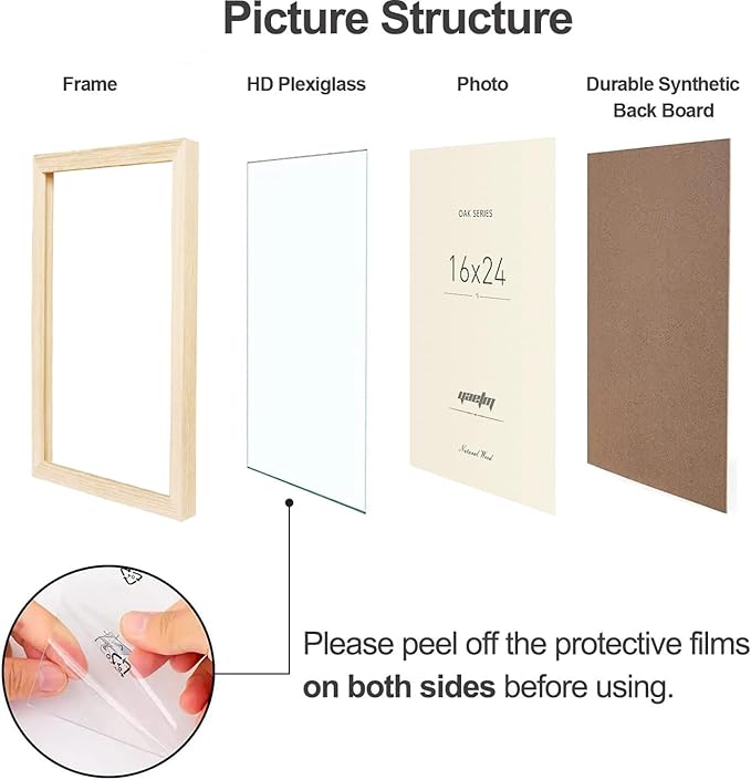 Yaetm Oak Wood 16x24 Frame Set of 3, Wide Molding, Natural Solid Wood Picture Frame 16x24 with Plexiglass for Wall Mount (3 pack, Oak)