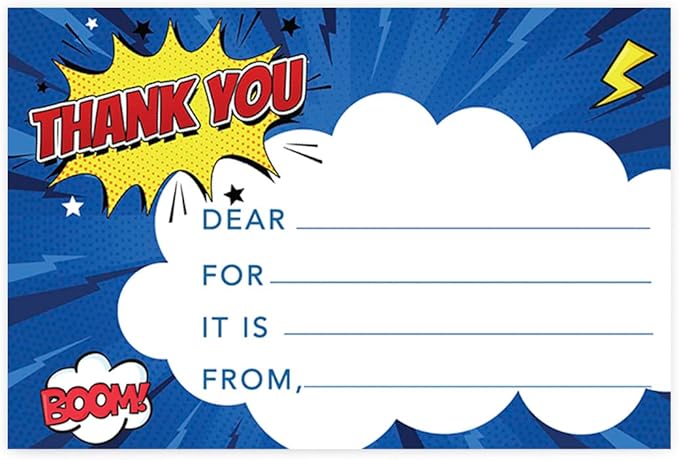 Andaz Press Kids Fill in the Blank Thank You Cards 20 Cards Including Envelopes Superhero Comic Theme Gender Neutral Note Cards For Boys Girls Birthday Thank You Notes for Friends Family Party Guests