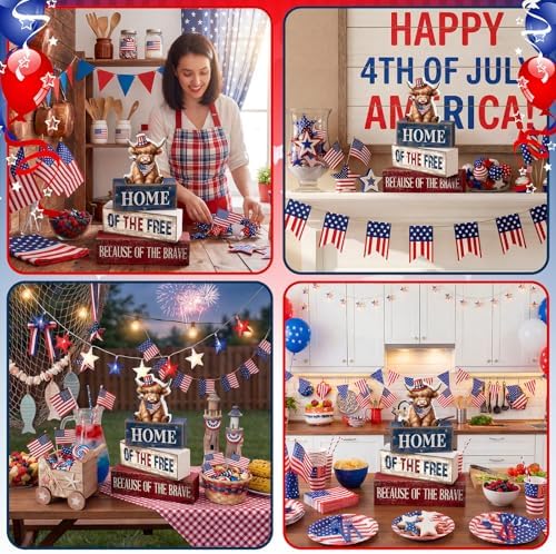 Moucuny 4 Pcs 4th of July Wooden Signs Patriotic Tiered Tray Decor - Image 5