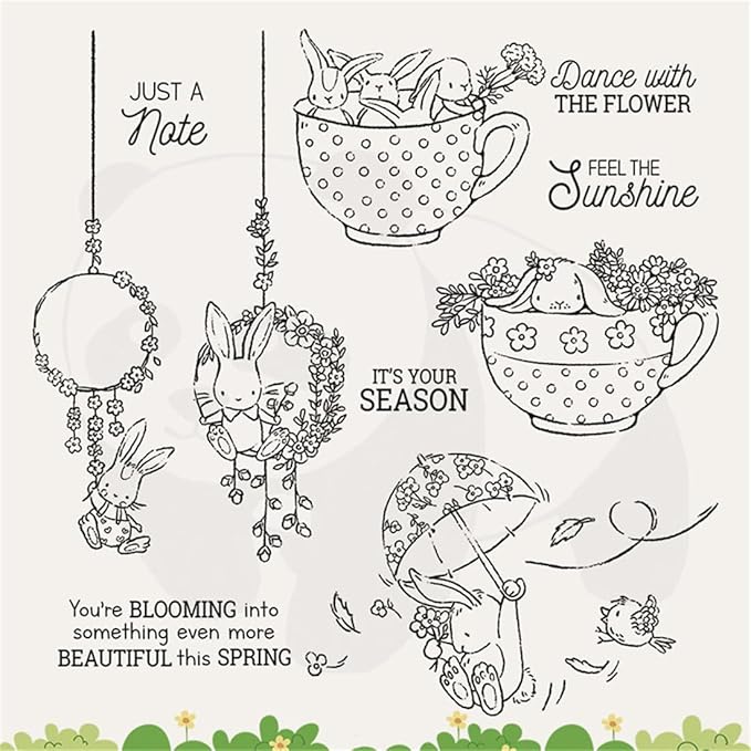 Spring Rabbit Flower Wreath Stamps and Cutting Dies for Card Making DIY Transparent Silicone Clear Stamp and Metal Die Cuts Sets for Scrapbooking Paper Greeting Cards Decor Seals Craft Supplies