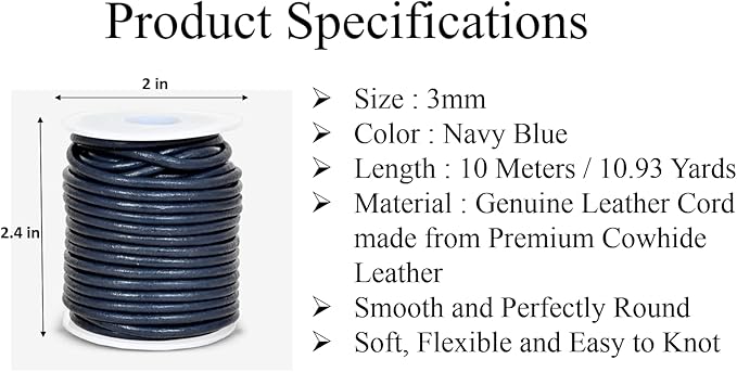 GENIQUE Real/Genuine Round Leather String Cord for Necklace, Bracelets, Jewelry, Kumihimo Braiding, DIY Projects (10 Metres) (3mm, Navy Blue)