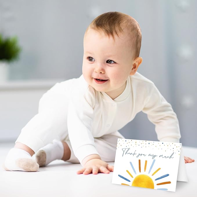 Whaline 30 Packs Baby Shower Thank You Cards Boho Sun Greeting Cards Blue Sunshine Blank Note Card with Envelopes and Stickers for Birthday Holiday Baby Shower, 4 x 6 Inch