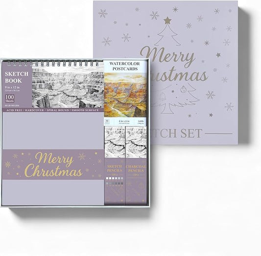 SuFly Sketch Book and Pencils Set, Sketching Kit Complete with 9x12 Sketch Book,4x6 Watercolor Postcards,Graphite Pencils (12B-4H), Charcoal Pencils (Hard, Medium, Soft), Sketching Supplies.