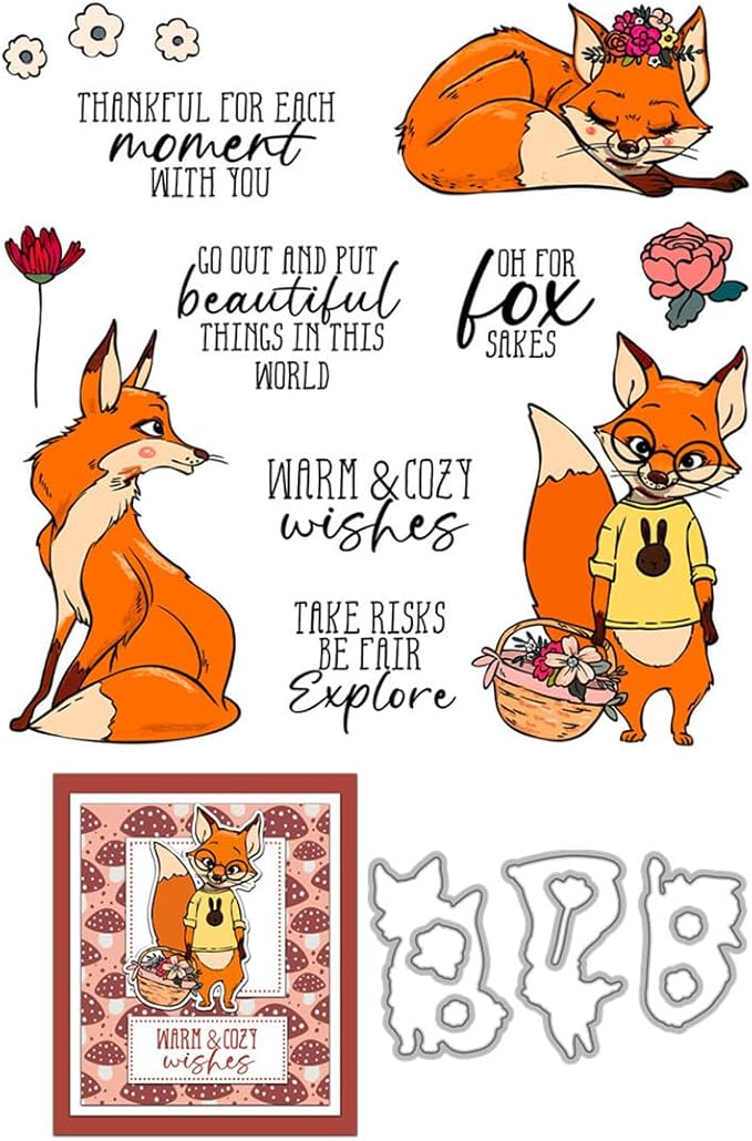 Fox Flower Basket Stamps and Cutting Dies for Card Making DIY Transparent Silicone Clear Stamp and Metal Die Cuts Sets for Scrapbooking Paper Greeting Cards Decor Seals Craft Supplies
