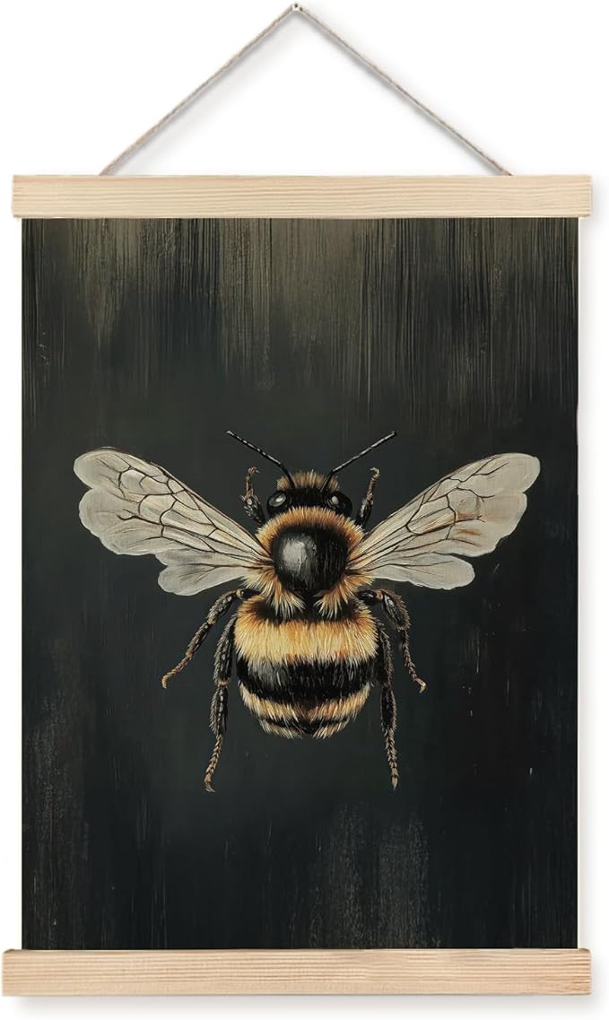bitCNY Realistic Bee Wall Art – 12x16 Inch Vintage Insect Print, Nature Bumblebee Poster on Dark Background for Farmhouse or Botanical Décor
