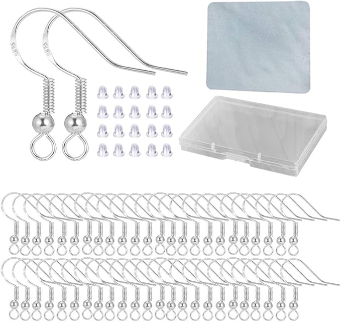 Silver Hypo-allergenic Earring Hooks - 120 Pcs /60 Pairs S925 Sterling Silver Plated Ear Wires Fish Hooks for Jewelry Making, Jewelry Findings Parts with Rubber Earring Backs Stopper for DIY Earrings