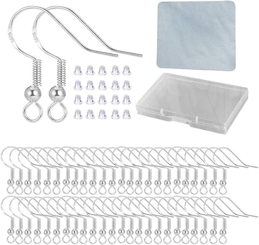Silver Hypo-allergenic Earring Hooks - 120 Pcs /60 Pairs S925 Sterling Silver Plated Ear Wires Fish Hooks for Jewelry Making, Jewelry Findings Parts with Rubber Earring Backs Stopper for DIY Earrings