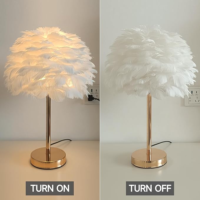 ZYLEIESENBAO Chic White Feather Lamp Creative Feather Bedside Lamp Cute Furry Nightstand Light Gold Stand Fluffy Table Lamp Atmosphere for Girl Bedroom Living Room Entry Hotel Wedding Gift