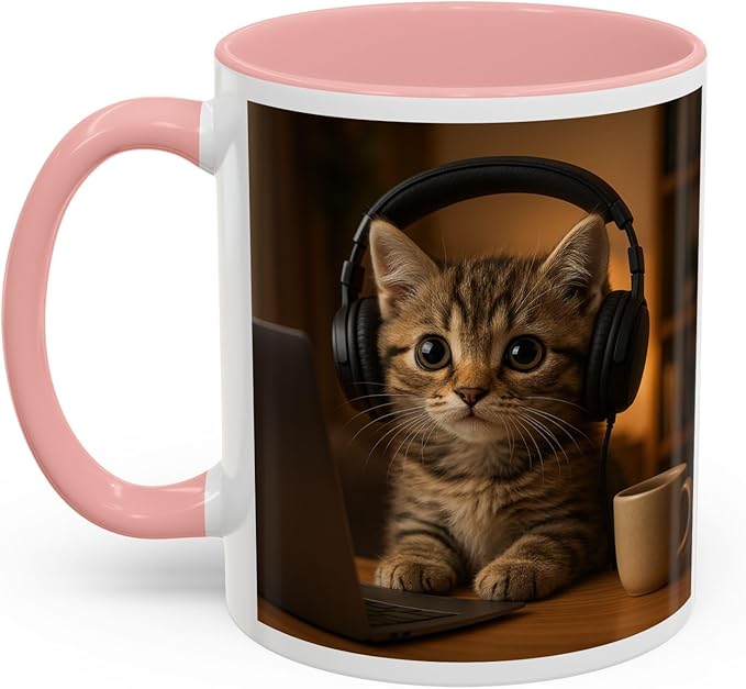 Adorable Cat Coffee Mug, Cute Kitten with Earphones, Pet Lover Gift, Tea Cup, Animal Lover Mug, Coffee Cup